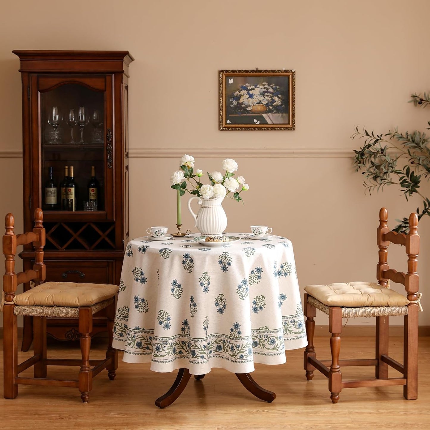 ISAENNE Designer White Linen Small Round Tablecloth,Chinoiserie Floral Elegant Indoor Table Cloth,Fall Stain Proof Decor Tablecloths for Dining Thanksgiving Kitchen,Diameter 55"-Mosella F