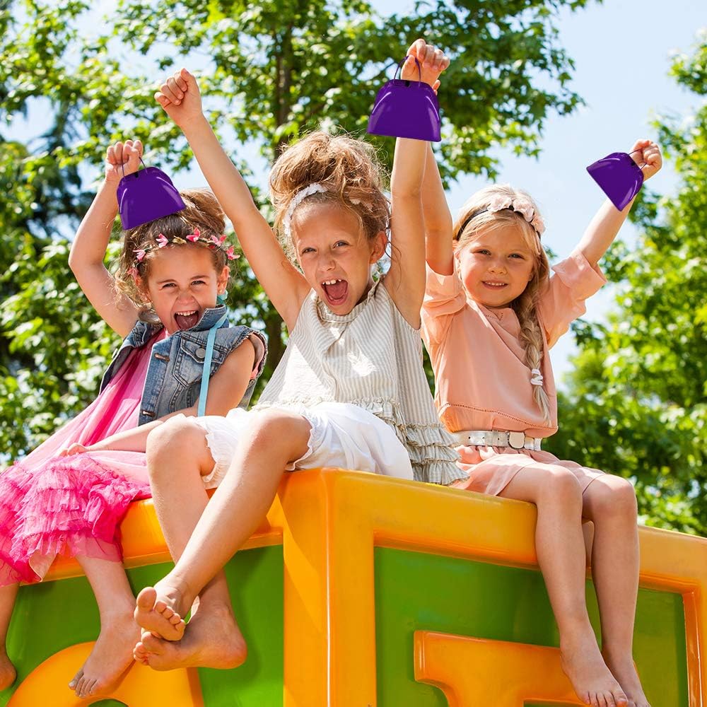 ArtCreativity 3 Inch Purple Metal Cowbell Noisemakers - Pack of 12 - Loud Metal Cowbell Noise Makers with Handles, Great for Football Games, Sporting Events, New Year’s Eve, for Kids and Adults