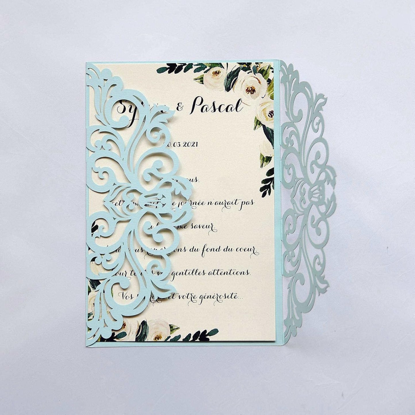 25PCS Light Blue Laser Cut Wedding Invitations Cards with Envelopes,Blank Inner Sheets,Ribbons for Wedding Bridal Shower Quinceanera Engagement Birthday Invites matte light blue B001