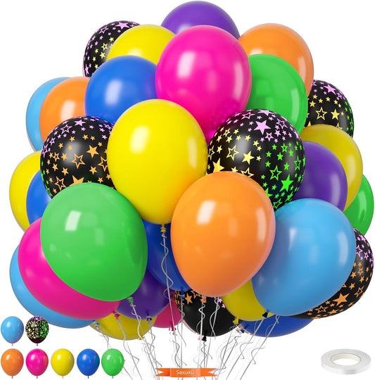 Neon Balloons, 12 Inch Yellow Orange Hot Pink Dark Blue Purple Lime Green Neon Star-Shaped Rainbow Balloons for Boy Girl Birthday Party Decorations Baby Shower Summer Pool Tropical Backdrop