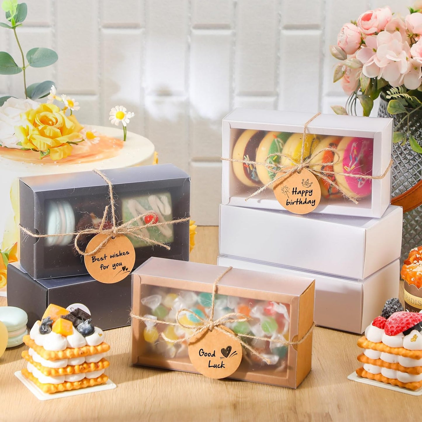 Roowest 50 Sets Kraft Soap Boxes Rectangle Packaging Box with Window Homemade Gift Box with Blank Tags and Jute String for Jewelry Candy Wrapping Party Favor(6.3 x 3.5 x 2 Inch,3 Colors)