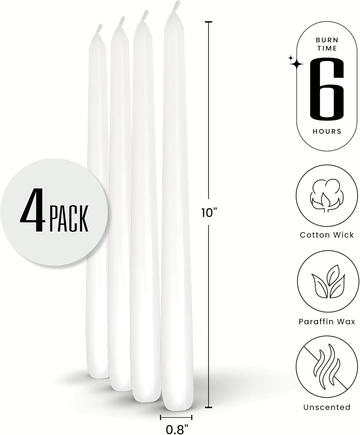 Leor & Lair White Taper Candles - 4 Pack 10" White Candlesticks - Unscented Long Burning Candle Sticks for Home Decoration, Holidays, Weddings, Religious, Restaurants & Business Events