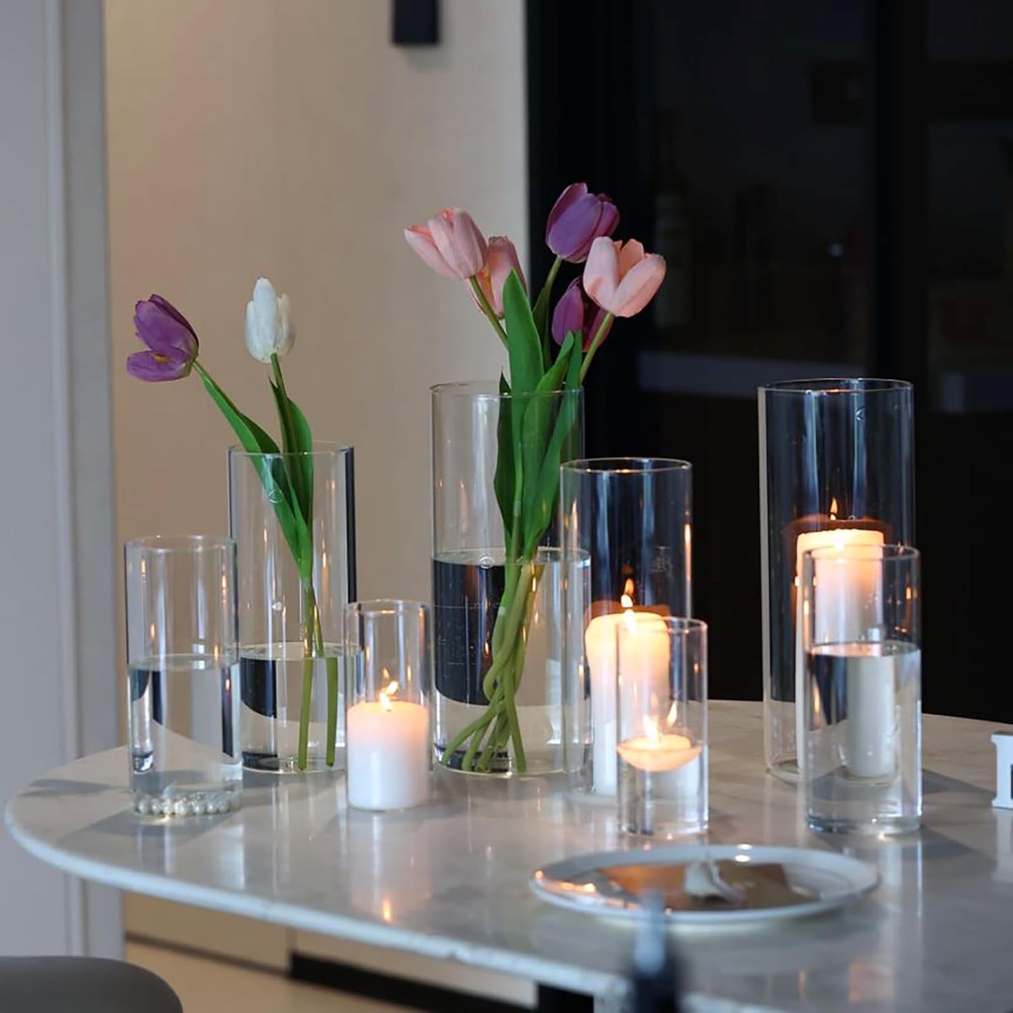 PHOSPHOR 8 PCS Glass Candle Holder, Hurricane Candle Hoder, Glass Pillar Candle Holder, Clear Cylinder Candleholder Cylinder Vase for Centerpieces Wedding Party Decoration