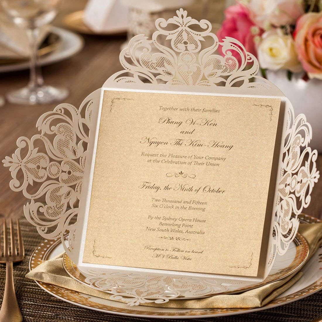 Hosmsua 50PCS Ivory Laser Cut Wedding Invitation Cards with Envelopes 6.3 x 6.3 Inch Hollow Rose Invitations for Wedding Bridal Shower Invite (Ivory, Blank)