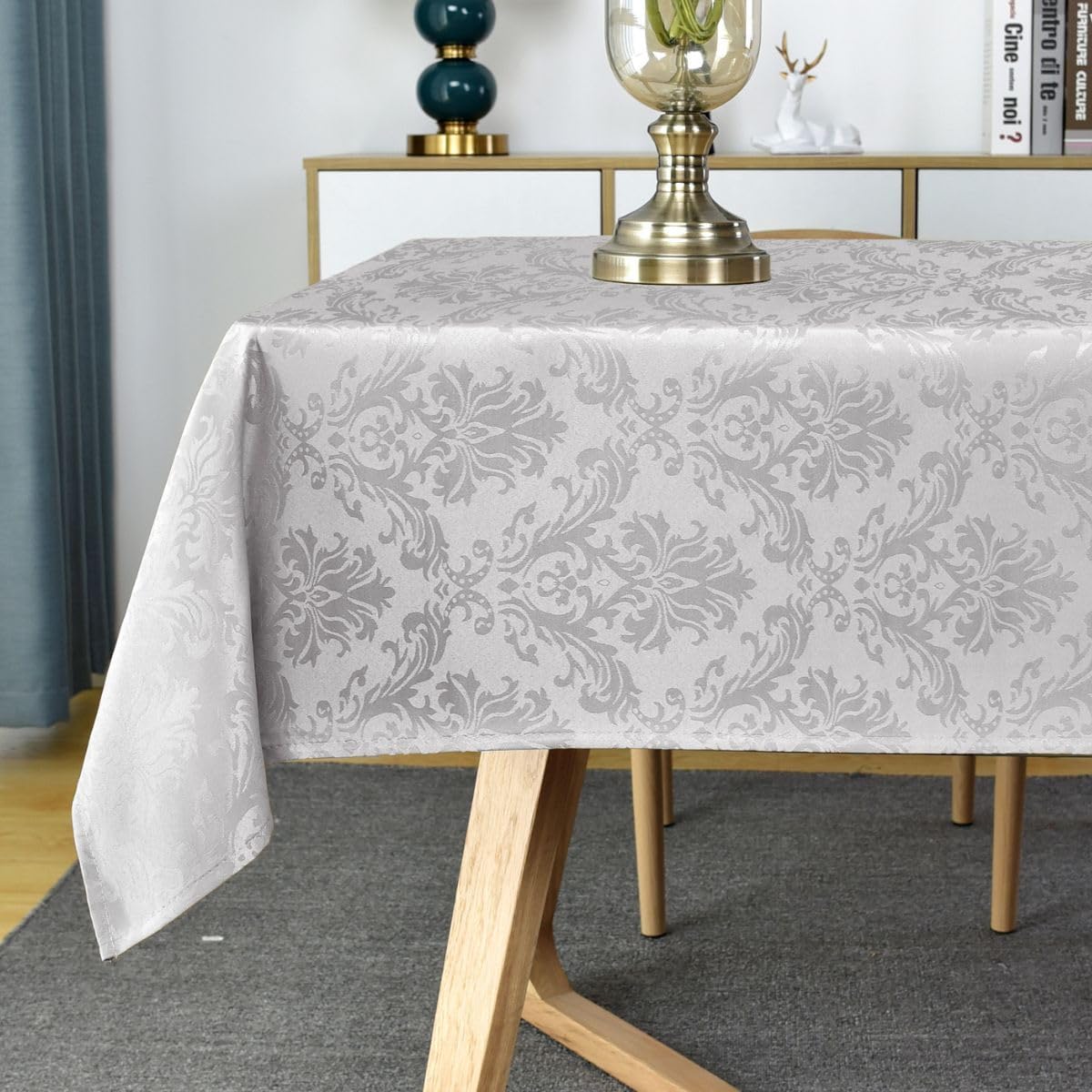 Rectangle Damask Tablecloth Floral Jacquard Washable & Waterproof Polyester Fabric Table Cover for Kitchen Dining Room, Party, Indoor, Outdoor Use, 52 x 70 Inch Grey/Gray