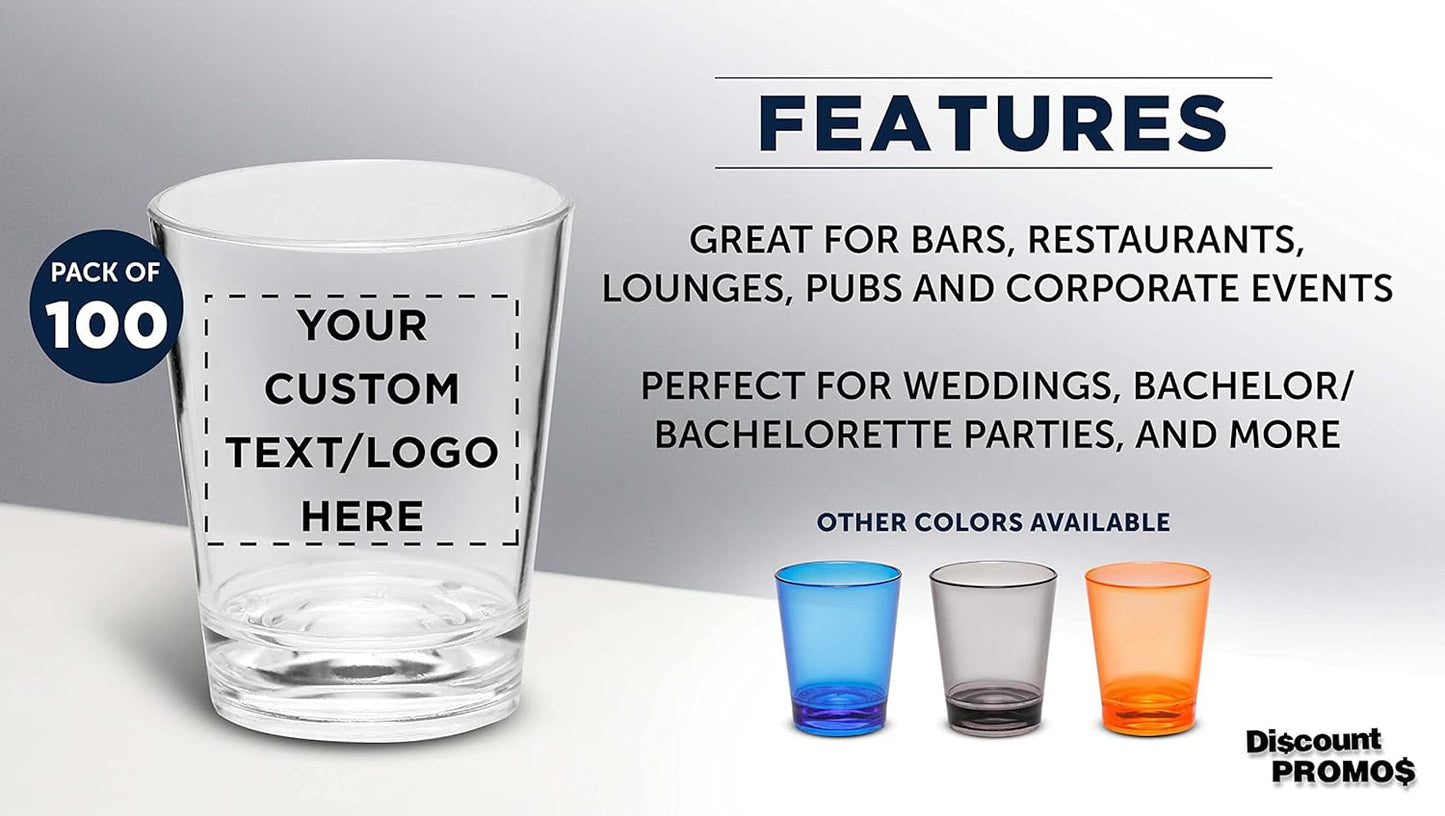 Custom Translucent Plastic Shot Glasses 1.5 oz. Set of 100, Personalized Bulk Pack - Acrylic, Great for Wedding, Party, Birthday, Gifts - Clear