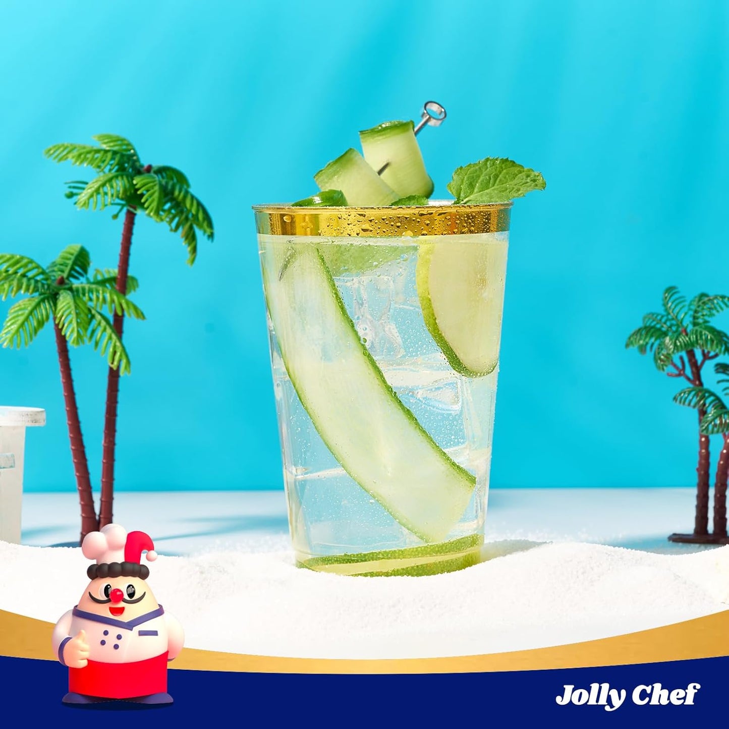 JOLLY CHEF 200 Pack 12 oz Gold Plastic Cups Elegant Gold Rimmed Disposable Cups Heavy-Duty Party Cups for Wedding & Party