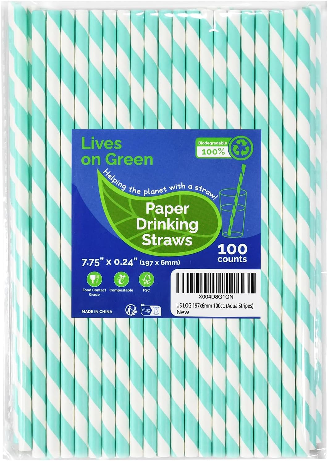 Light Blue 7.75 inch Disposable Paper Straws for Drinking, 100 Counts, Eco-friendly - for Baby Shower, Party, Decoration, Paper Crafts Sticks