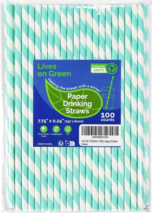 Light Blue 7.75 inch Disposable Paper Straws for Drinking, 100 Counts, Eco-friendly - for Baby Shower, Party, Decoration, Paper Crafts Sticks