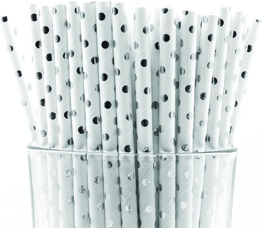 Pack of 900 Silver Polka Dot Foil Biodegradable 4-Ply Paper Drinking Straws (Compostable, Non-toxic, BPA-free)