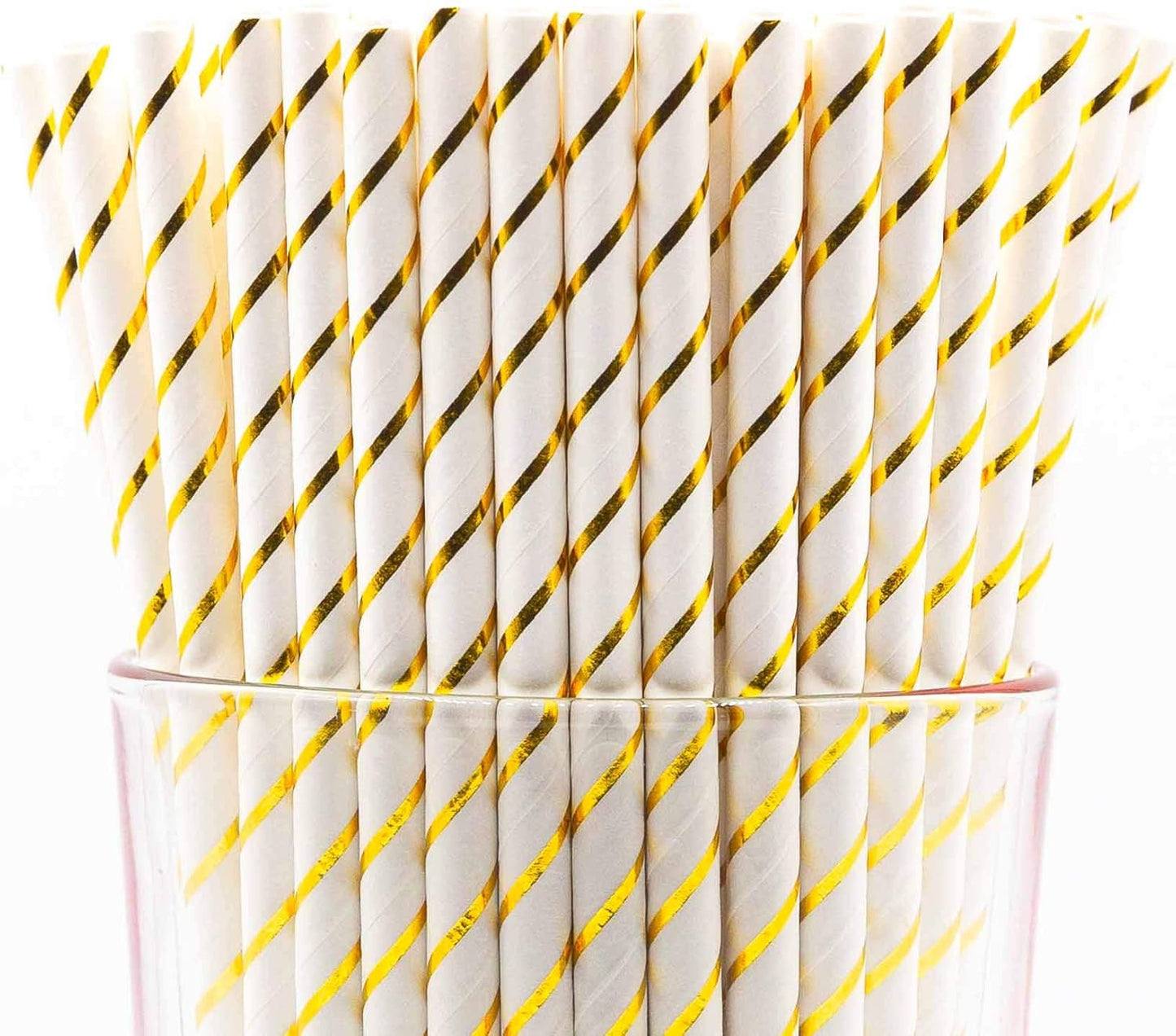 Pack of 150 Gold Foil Stripes Biodegradable 4-Ply Paper Drinking Straws (Compostable, Non-toxic, BPA-free)