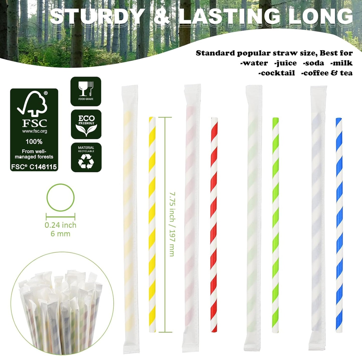 Disposable Paper Drinking Straws Bulk, Individually Wrapped - 7.75 Inch, Assorted Colors (Case of 1000)