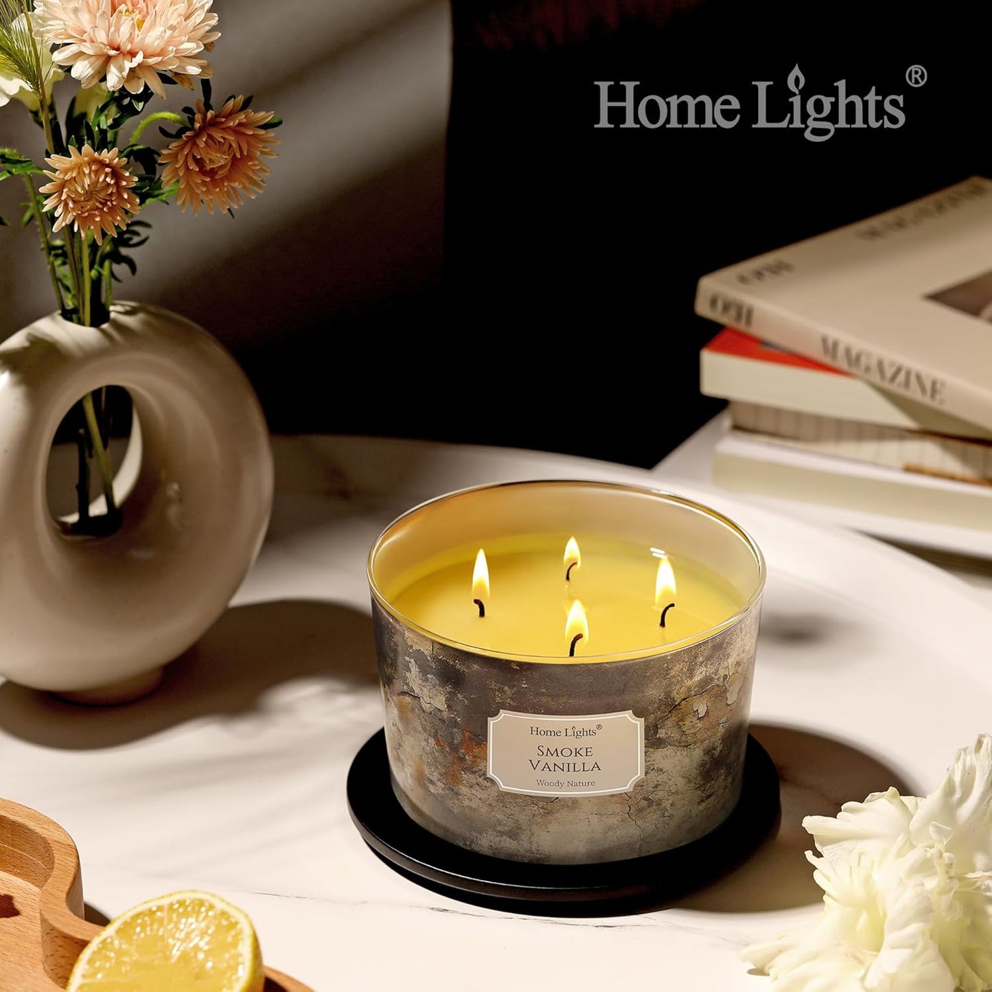 HomeLights Large jar Candle | 4-Wick Long-Lasting Scented Candles, 18oz Natural Soy Wax Candle for Home Scented, Industrial Chic Gifts for Women & Men, Smoke Vanilla