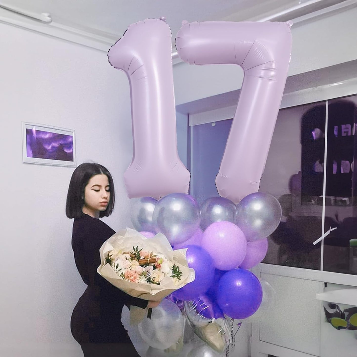 Light Purple Number 4 Balloons, 40 In Large Pastel Purple Number 4 Mylar Foil Helium Balloons for Girls, Self Inflating Lavender Number Four Balloon for Women 4th Birthday Anniversary Party Decoration