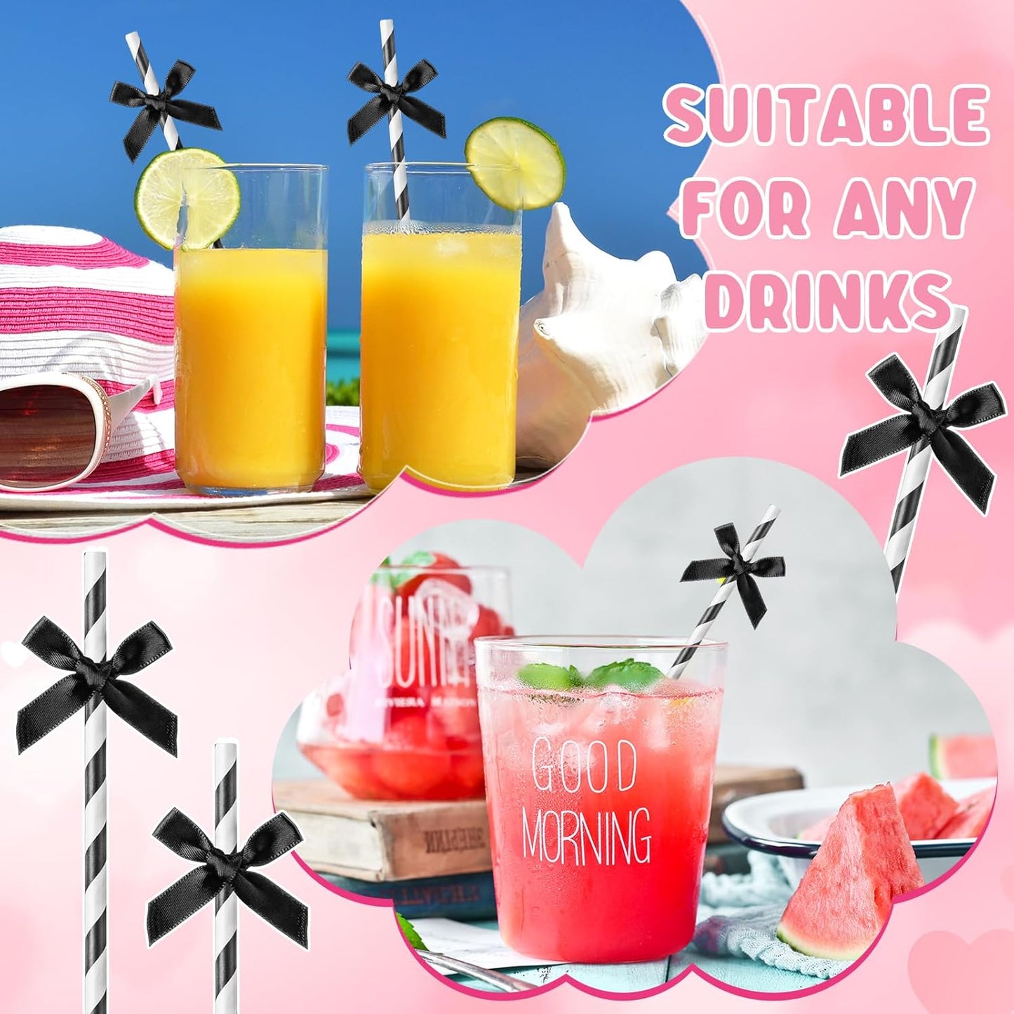 50 Pcs Black Bow Paper Straws for Drinking, Black and White Striped Straw Bulk Disposable Bachelorette Party Supplies for Wedding Birthday Baby Shower Party Decorations