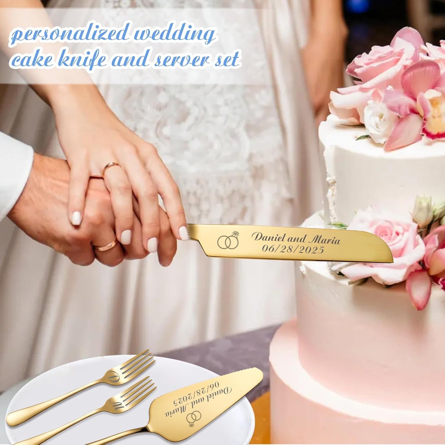 Personalized Wedding Cake Knife and Server Set, Custom Names Cake Cutting Set with Stainless Steel Forks, Customized Bridal Anniversary Birthday Wedding Registry Gifts for Couple (Gold)