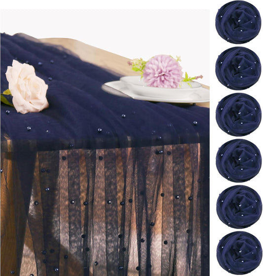 Set of 6 Pearl Table Runner 29 x 120 Inch Tulle Fabric Lace Table Runners Boho Rustic Tablecloth for Bridal Shower Birthday Party Wedding Arch Aisle Veil Dessert Table Decor(Navy Blue)