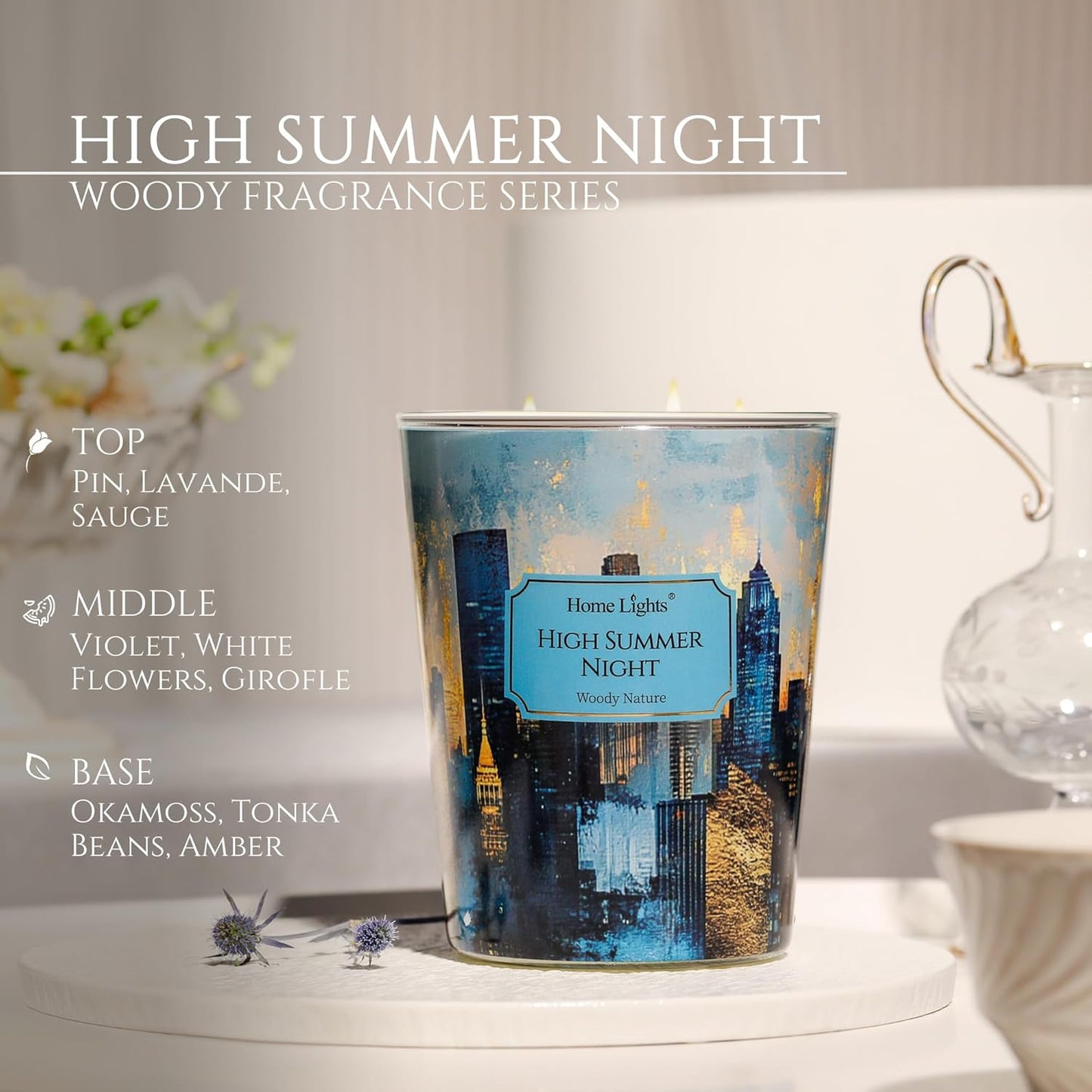 HomeLights High Summer Night Scented Candles | 34oz Soy Candles Industrial Chic 3-Wick Large Candle Jars | Ideal Candle Gifts for Events, Home Decor Stress, Relief & Relaxation
