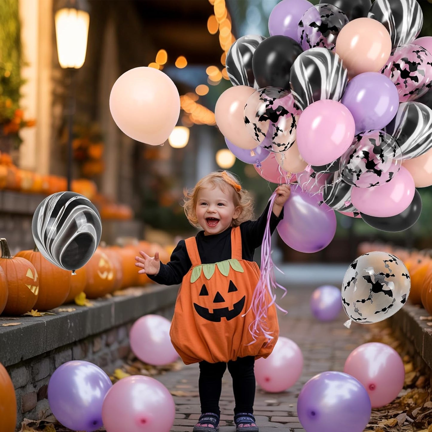 Paready Halloween Balloon, 50pcs Pink Purple Black Balloons, Bat Printed Balloons Black Marble Balloon For Retro Halloween Masquerade Vampire Haunted House Themed Birthday Party Decor Decorations