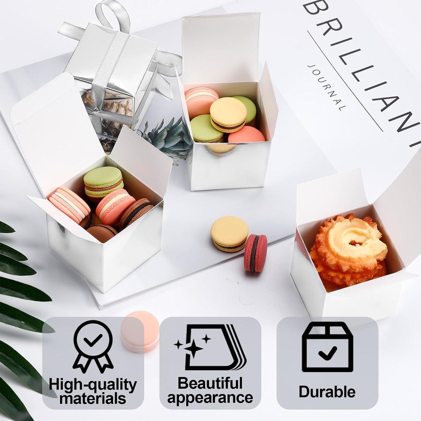 COCPOK 50 Pack Silver Gift Boxes, 2x2x2 inch Gift Box, Small Candy Boxes with Lids and Ribbons, Paper Favor Box for Wedding Bridal Shower Baby Shower Birthday Party