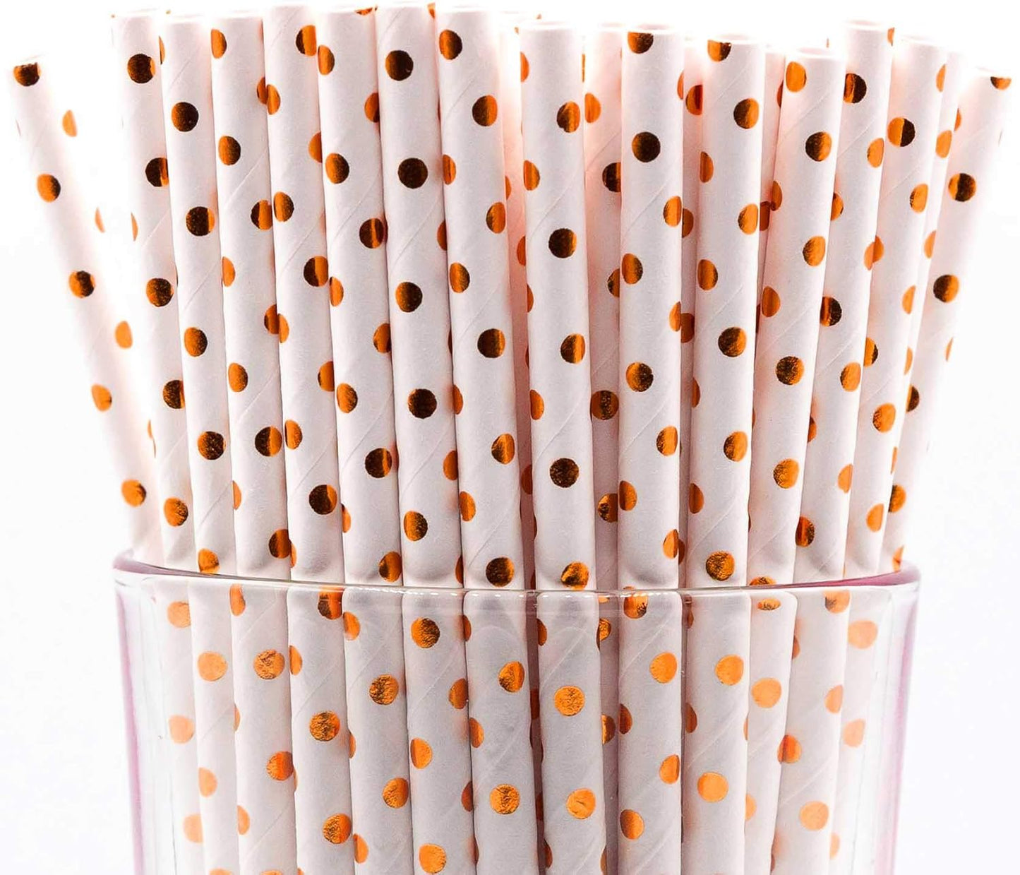 Pack of 150 Rose Gold Polka Dot Foil Biodegradable 4-Ply Paper Drinking Straws (Compostable, Non-toxic, BPA-free)