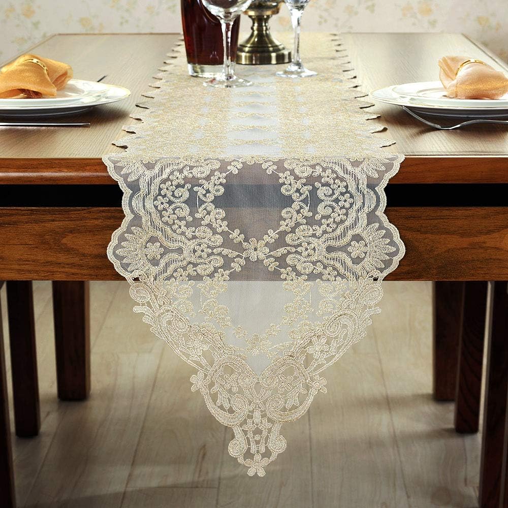 ARTABLE Rectangle Table Runner Lace Macrame Embroidered Table Runners with Exquisite Vintage Shabby Chic for Holiday Wedding Long Dinner Tables (Light Gold, 12 x 60 Inch)