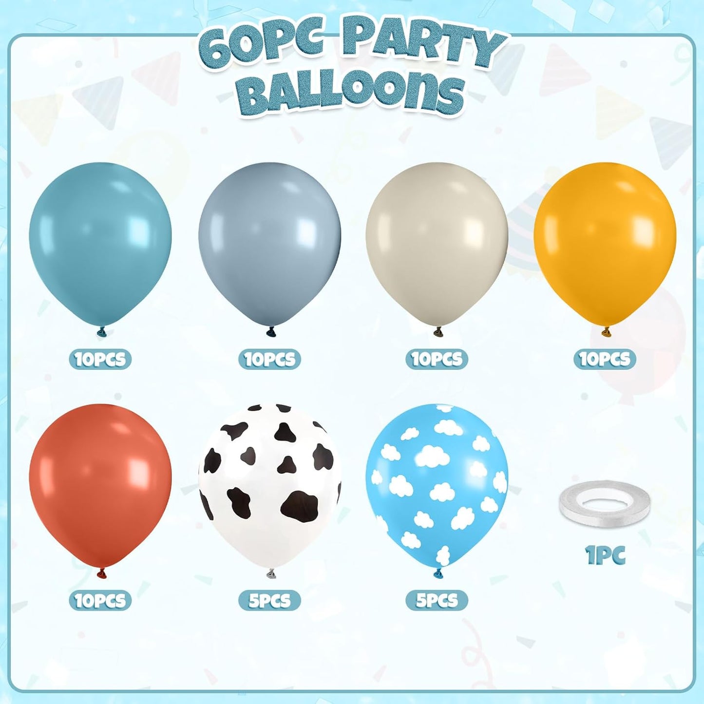 Cow Print Balloons, 60pcs Farm Cow Balloons, Retro Dusty Blue Yellow White Balloon, Blue Cloud Print Balloon For Kids Birthday Baby Shower Cowboy Farm Theme Party Wedding Anniversary Bachelorette