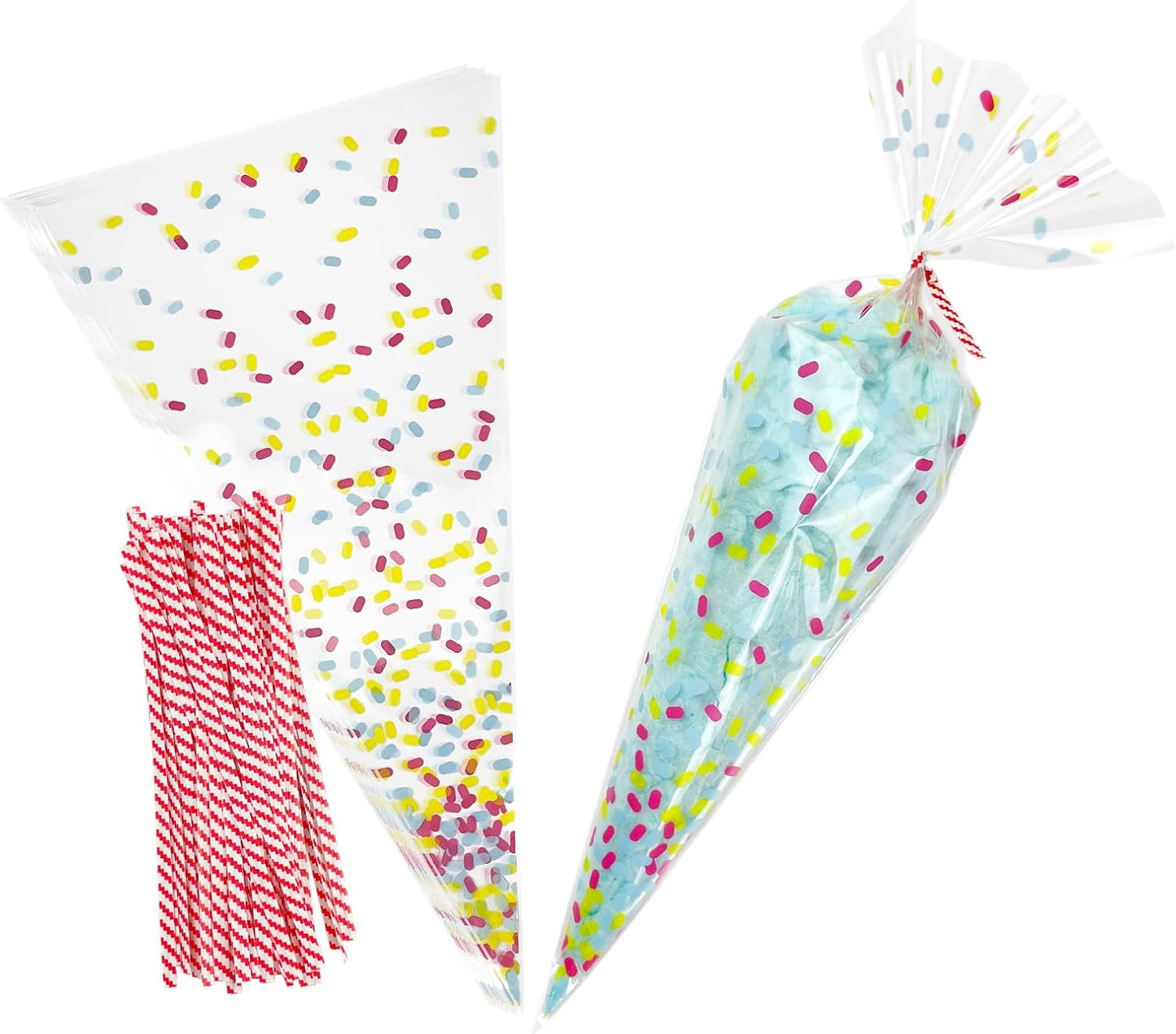EKAPACKAGING 50Pcs 6.3x11.8 Inches Sprinkle Print Cone Shaped Treat Cellophane Bags Twist Tie Triangle Christmas Party Favor Cotton Candy Bags With Ties For Popcorn, Chocolates, Ice Cream Cone