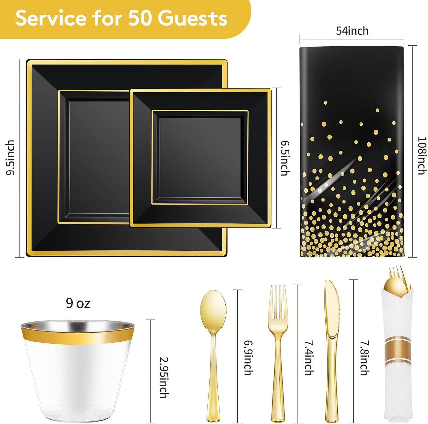Goodluck 352 Piece Black Dinnerware Set for 50 Guests, Black Square Plastic Plates with Gold Trim, Include: 100 Plastic Plates, 50 Rolled Napkins, 50 Cups, 50 Cutlery Set and 2 Tablecloth