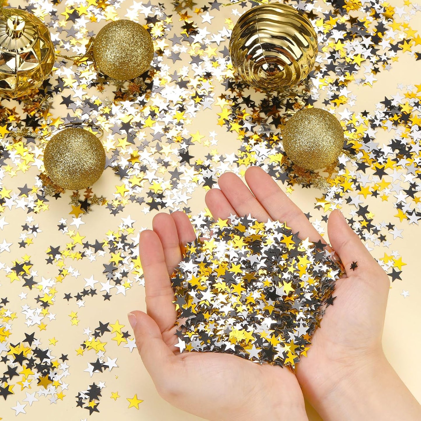 Hestya 60g Star Confetti Glitter Table Confetti Metallic Foil Stars for Party Wedding Festival Decorations(Silver Gold Black,10mm and 6mm)