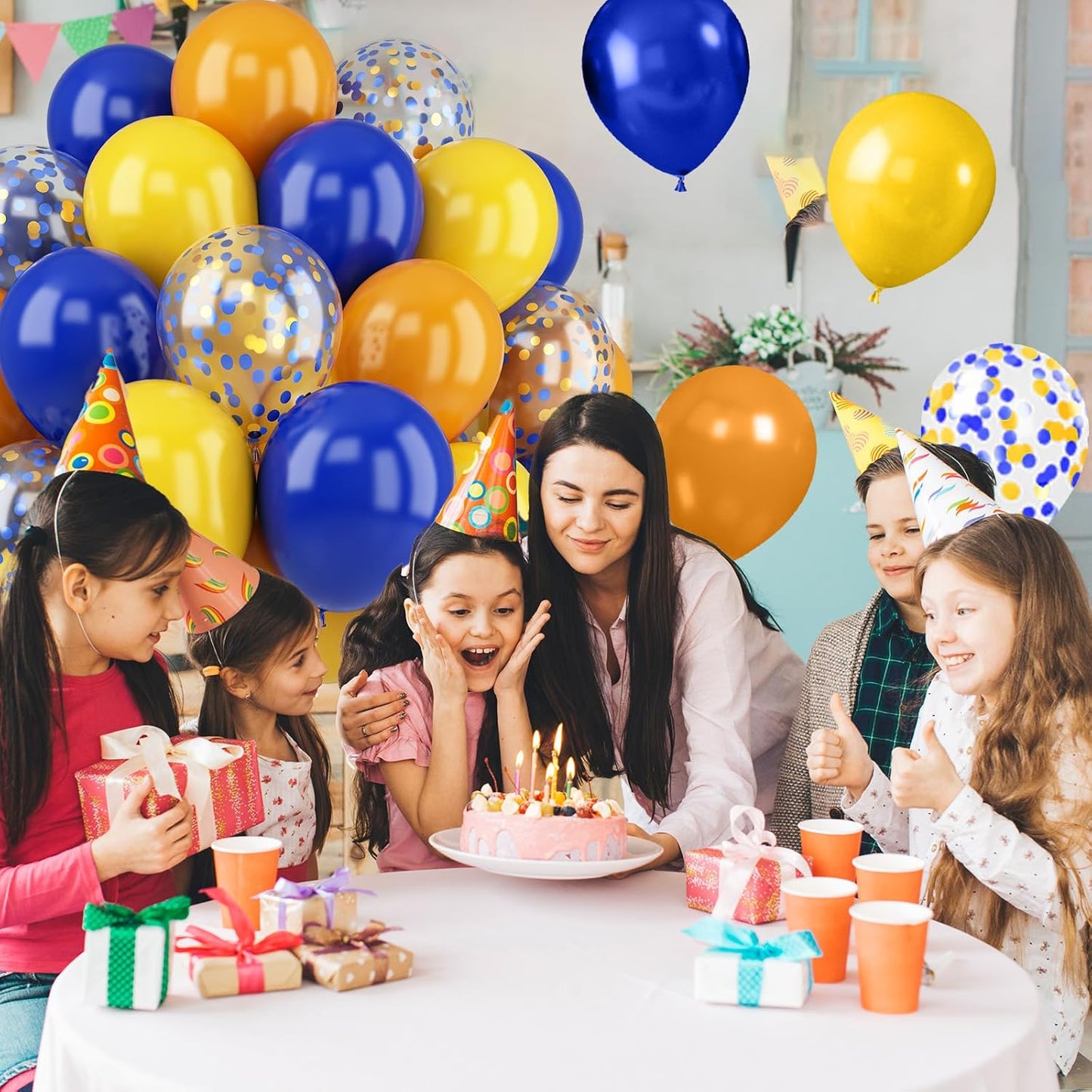 52 PCS 12 Inch Retro Blue and Yellow Matte Balloons with Confetti for Birthday Party Decorations