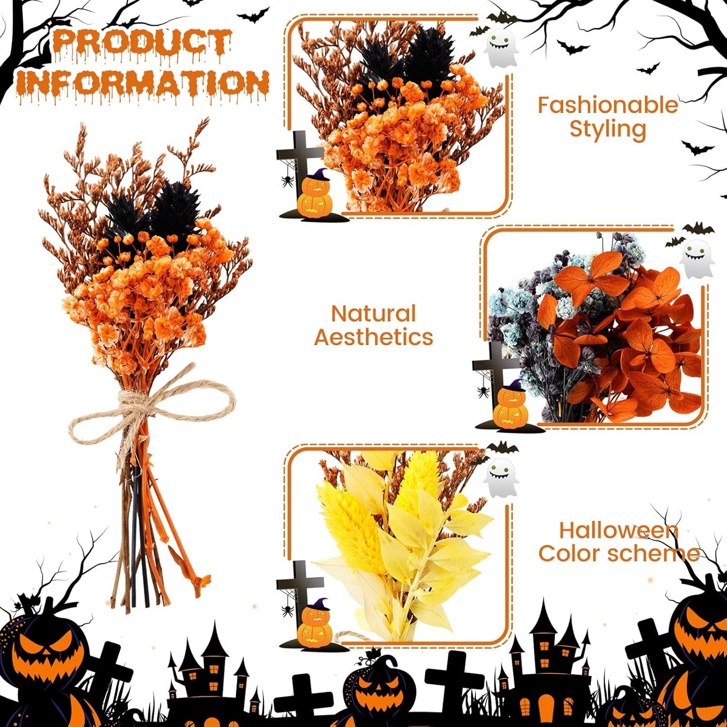 10/12/24/36 Pack Mini Dried Flowers for Vase Wedding Various Mini Bouquet Dried Small Wildflowers Natural Flowers Bulk for Crafts DIY Decor (12, Halloween Color2)