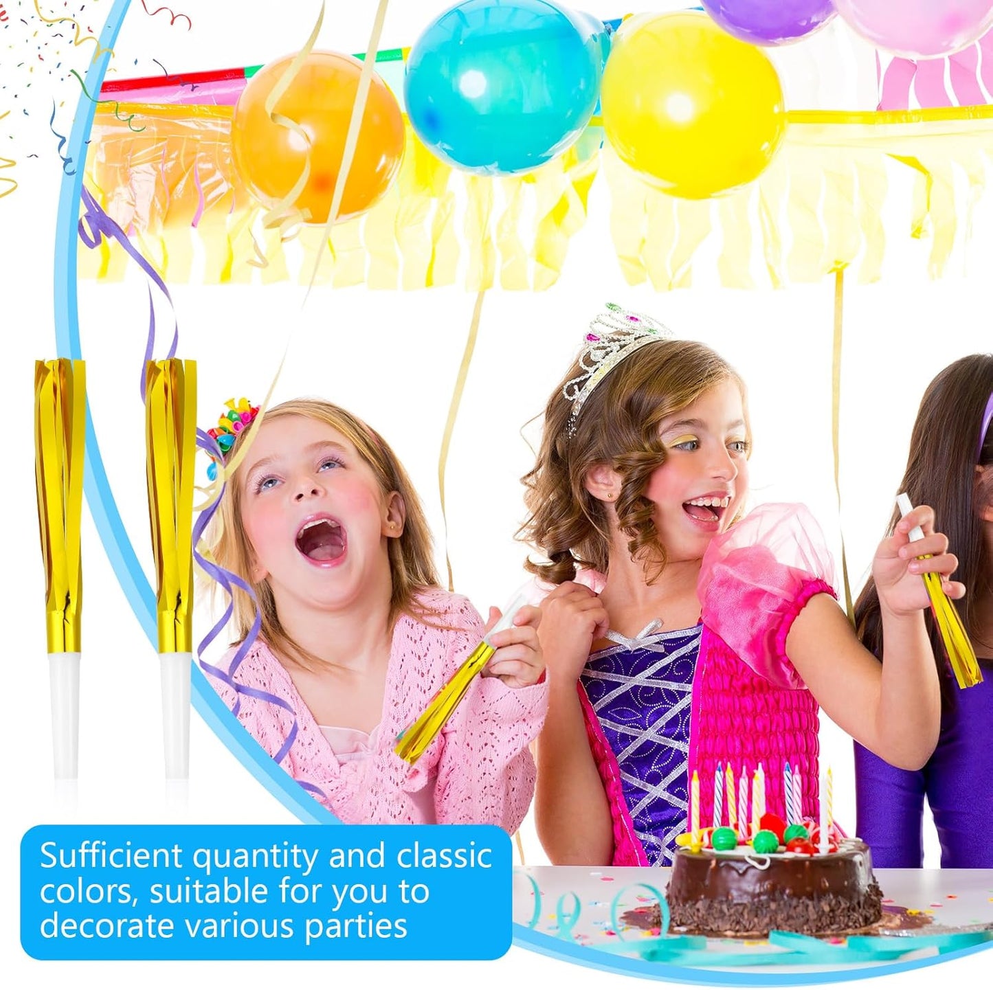 24 Pcs Gold Noise Makers Glitter Metallic Fringed Noise Makers Horns for Baby Shower, Kids Birthday, Wedding Party, New Year Party Favor