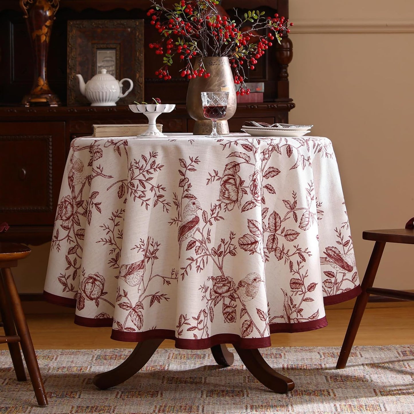 ISAENNE Designer Vintage Linen Small Round Tablecloth,Red Floral Pattern Linen Stain Resistant Table Cloth,Decor Tablecloths for Dining Thanksgiving Kitchen Tea Party,Diameter 55"-Harmony