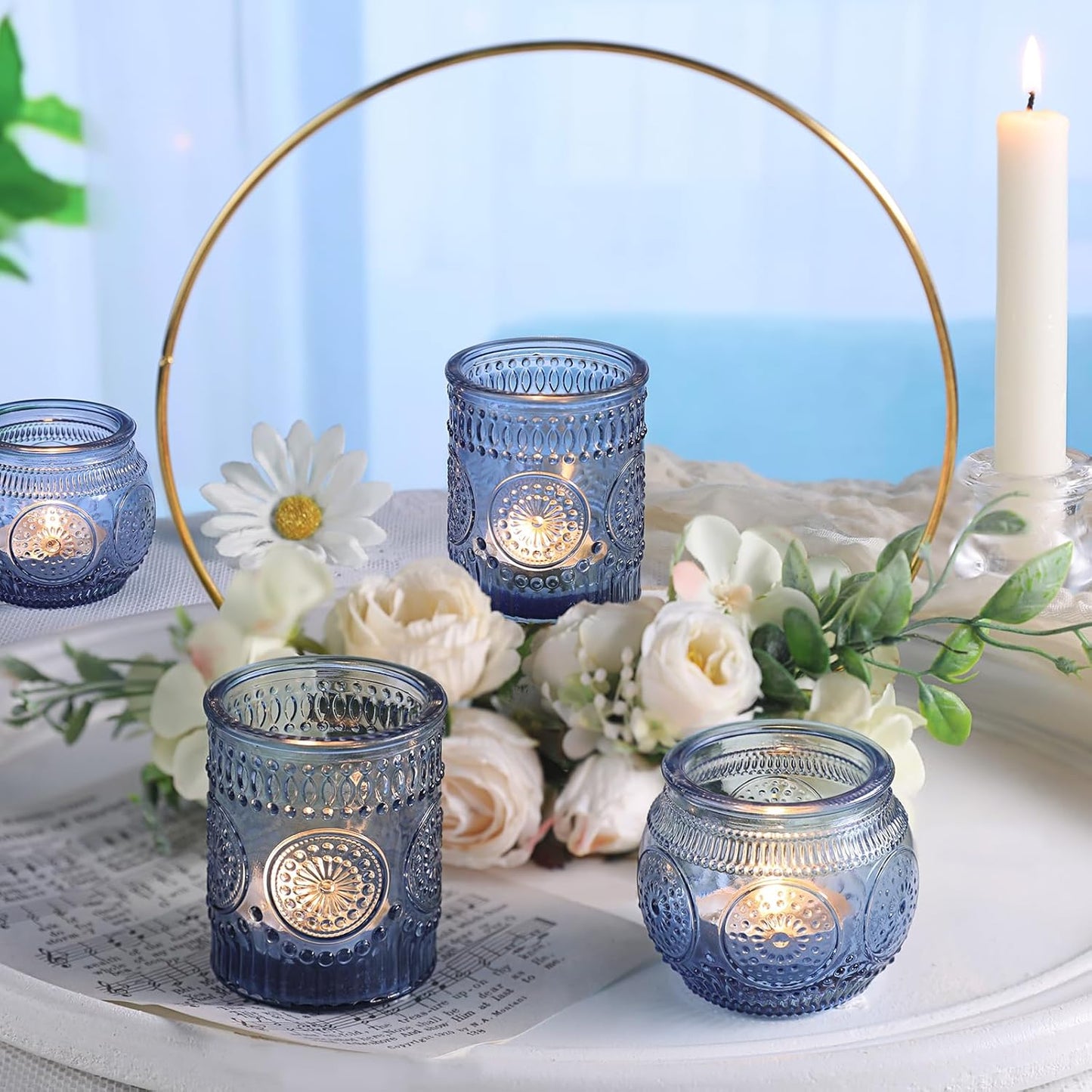 DARJEN 12Pcs Blue Votive Candle Holders - Votive Candle Holders Bulk, Glass Candle Holder for Party Decoration, Tea Lights Candle Holders for Wedding