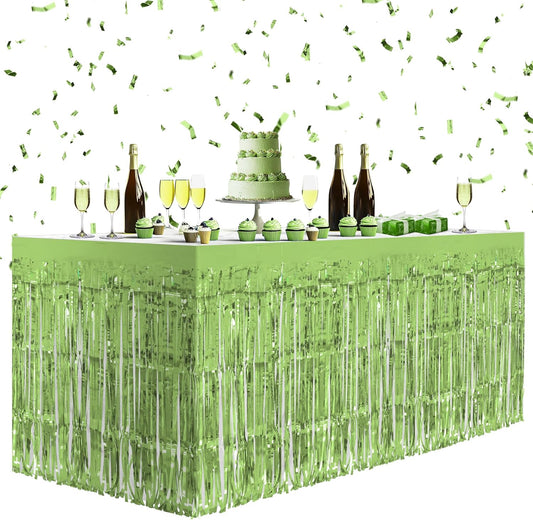 8 Pack Light Green Table Skirts, 29x108" Metallic Foil Tinsel Fringe Table Skirts for Rectangle Tables Streamer Curtains Backdrop, Party Decorations for Birthdays Weddings Holidays