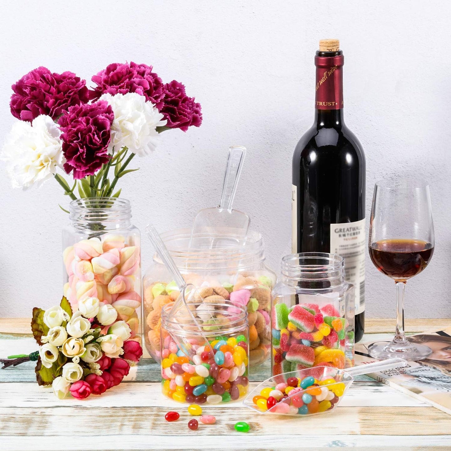 Hestya 8 Pcs Christmas Multi Purpose Clear Plastic Scoops for Candy Buffet Acrylic Kitchen Ice Food Popcorn Scoops for Protein Powders, Ice Cream, Coffee, Tea Jar (6.7 Inch)