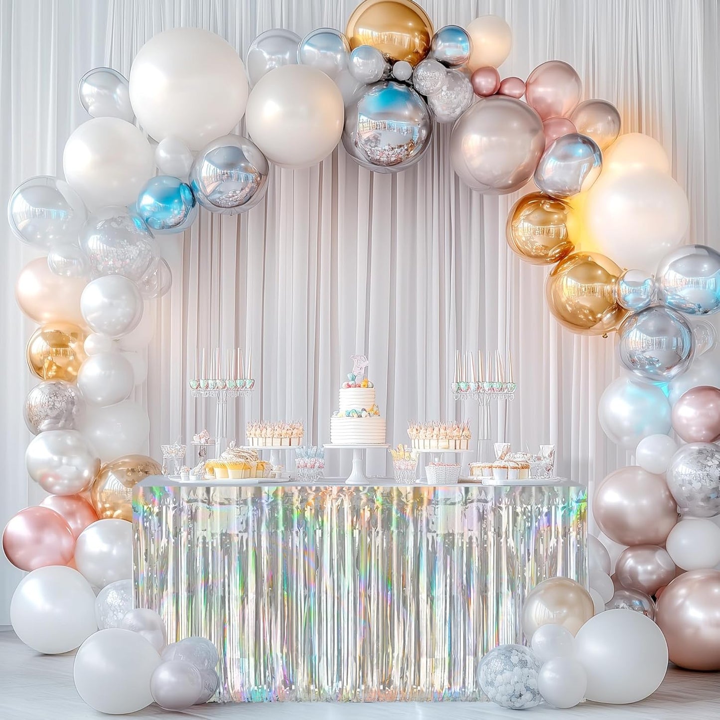 2 Pack Laser Silver Table Skirts, 29x108" Metallic Foil Tinsel Fringe Table Skirts for Rectangle Tables Streamer Curtains Backdrop, Party Decorations for Birthdays Weddings Holidays