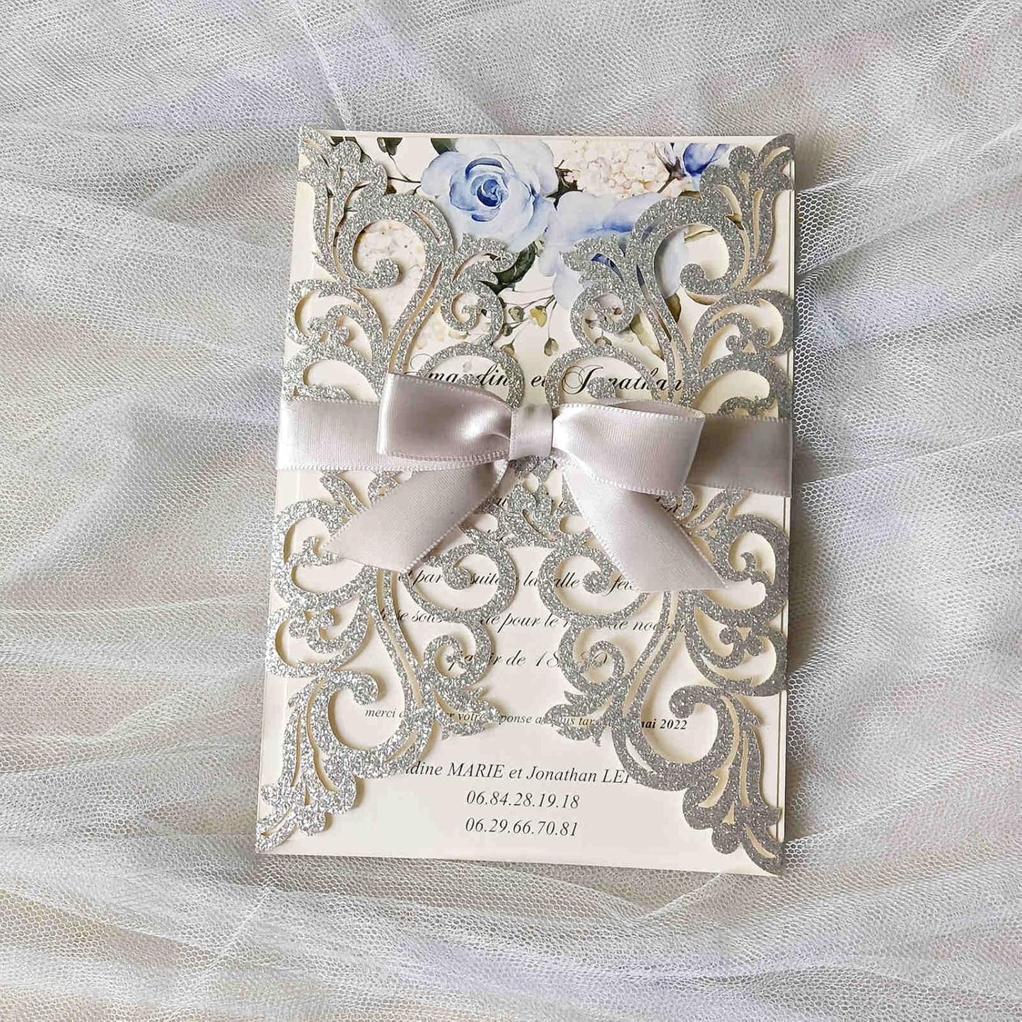 25PCS Silver Glitter Laser Cut Wedding Invitations Cards with Envelopes,Blank Inner Sheets,Ribbons for Wedding Bridal Shower Quinceañera Engagement Birthday Invites