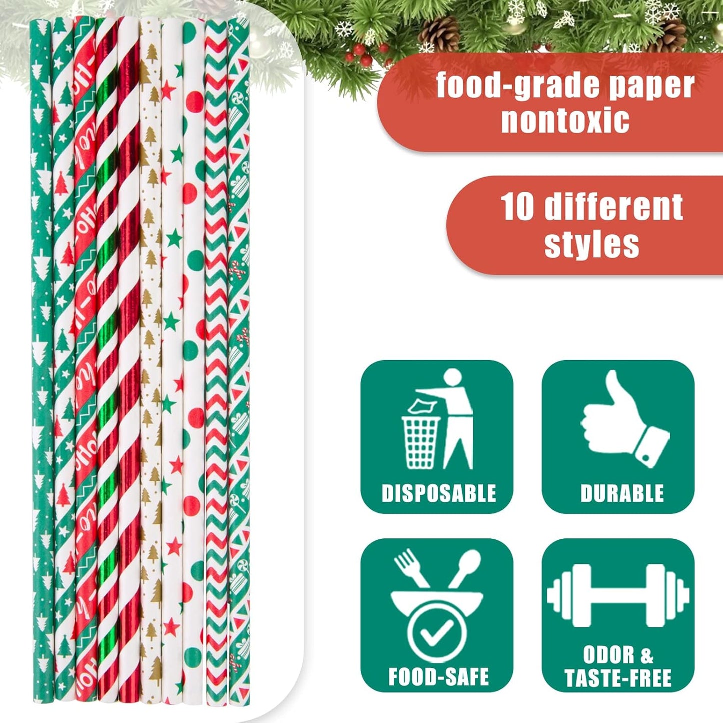 HANSGO Christmas Paper Straws, 180PCS Christmas Drinking Straws Striped Decorative Straws Bulk for New Year Christmas Party Company Annual Meeting Drinking