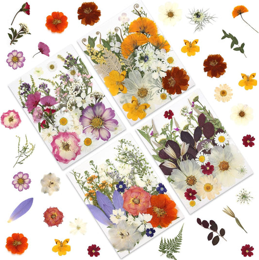 120P 4-Color Mixed Foliage Dried Flowers for Crafts, Real Natural Pressed Flowers for Resin Art, DIY Crafts, Jewelry & Candle Making – Tweezers Included