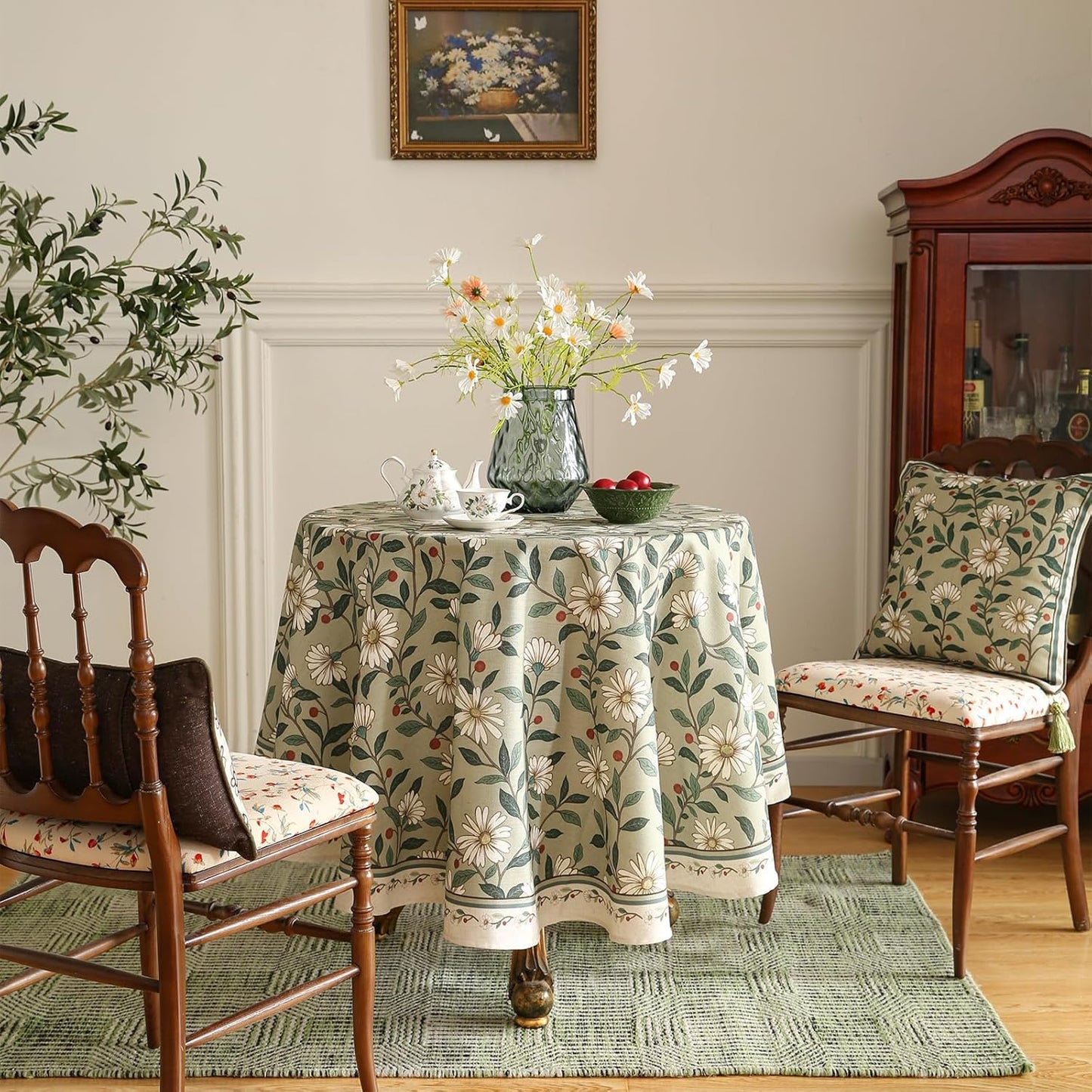 ISAENNE Designer Green Linen Small Round Tablecloth,Floral French Country Indoor Table Cloth,Stain Resistant Home Decor Tablecloths for Dining Kitchen Thanksgiving Party,Diameter 55"-Brune