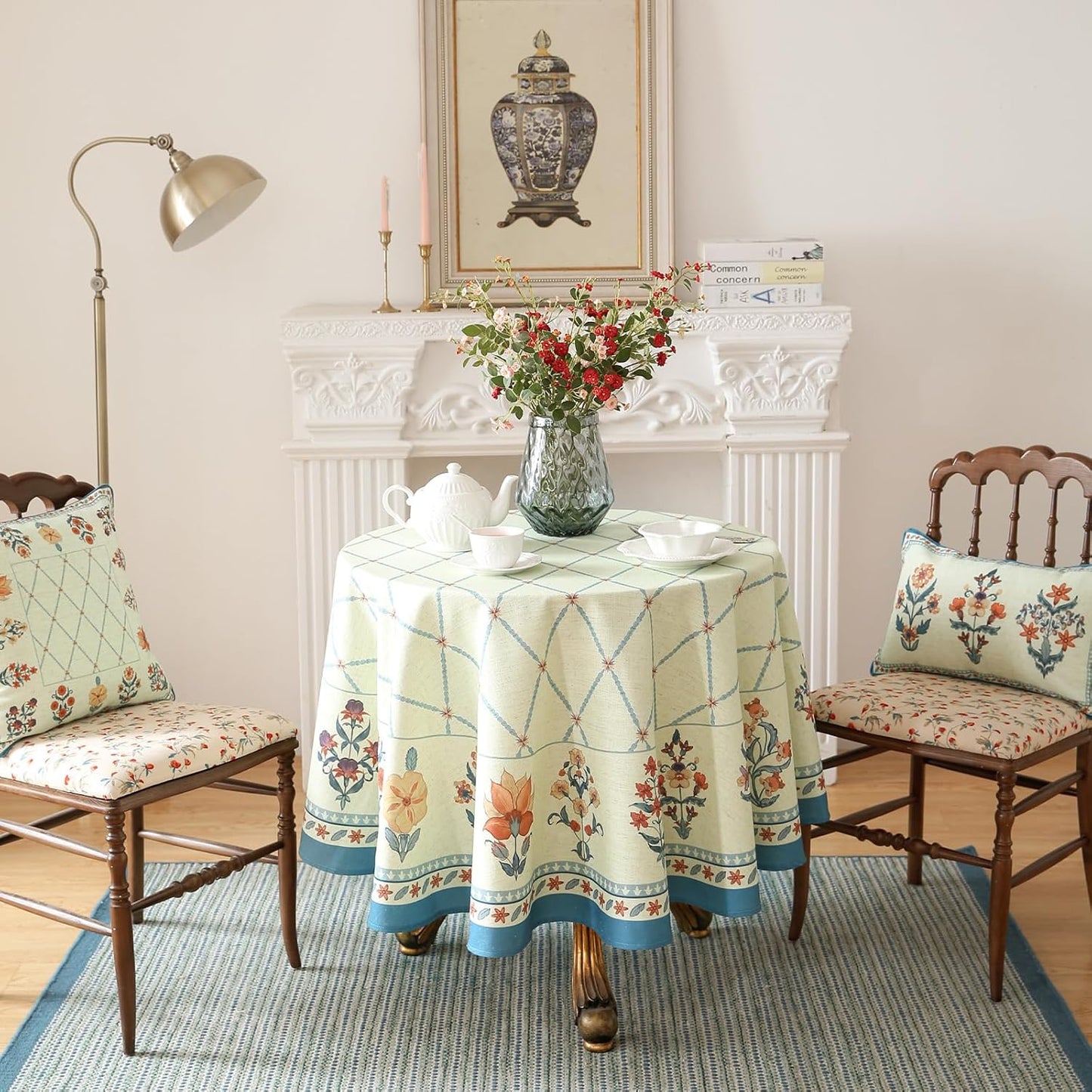 ISAENNE Designer Linen Floral Small Round Tablecloth,Light Green Farmhouse Durable Table Cloth,Washable Decor Tablecloths for Dining Kitchen Thanksgiving Christmas,Diameter 55"-Floralsea B