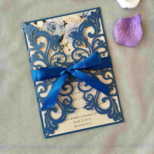 25PCS Royal Blue Laser Cut Wedding Invitations Cards with Envelopes,Blank pearl royal blue