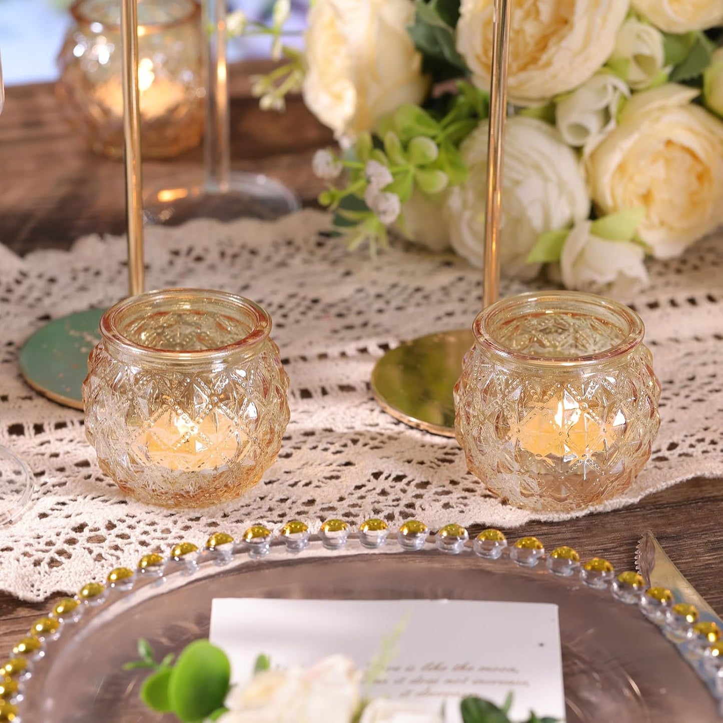DARJEN 12Pcs Gold Glass Candle Holders - Round Tea Light Holders for Table Centerpiece, Wedding Shower, Party, Home Decor