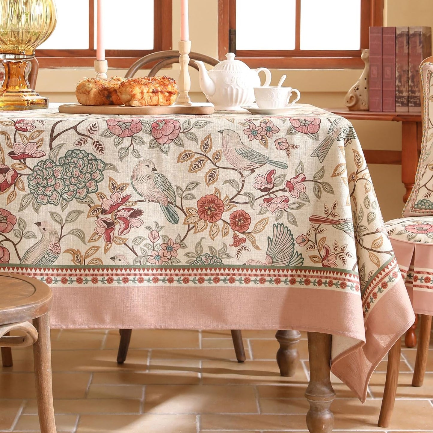 patdrea Designer Pink Linen Table Cloth for Rectangle Table,Vintage Floral with Birds Pattern Decorative Tablcloth,French Table Cover for Kitchen Dining,Thanksgiving,Christmas,63"x87"-Kulom a