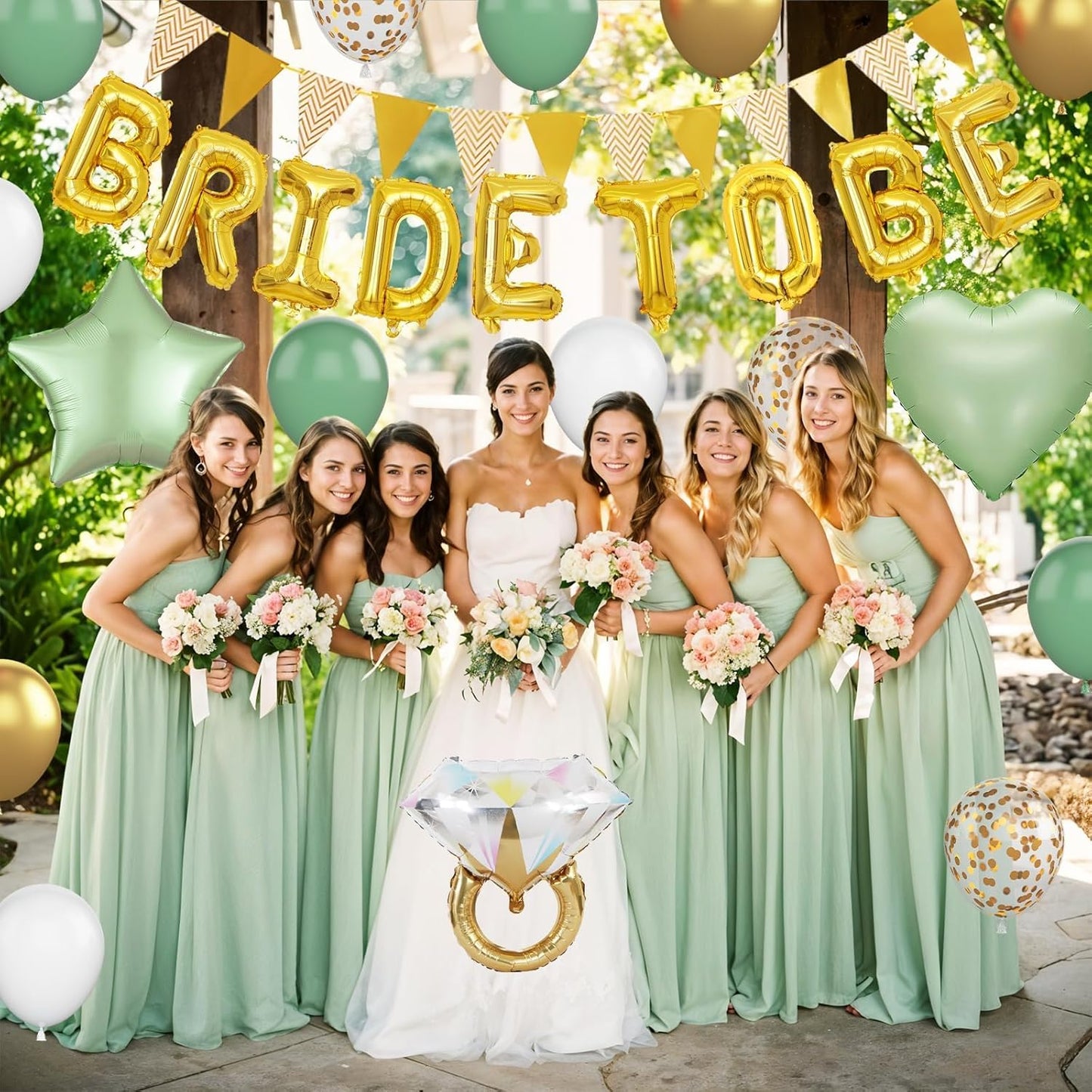 Bridal Shower Decorations Sage Green,Bachelorette Party Decor with Bride To Be Letter Balloons Banner, Diamond Ring Heart Foil Balloon,Green Gold Confetti Balloons for Engagement Wedding Party favors
