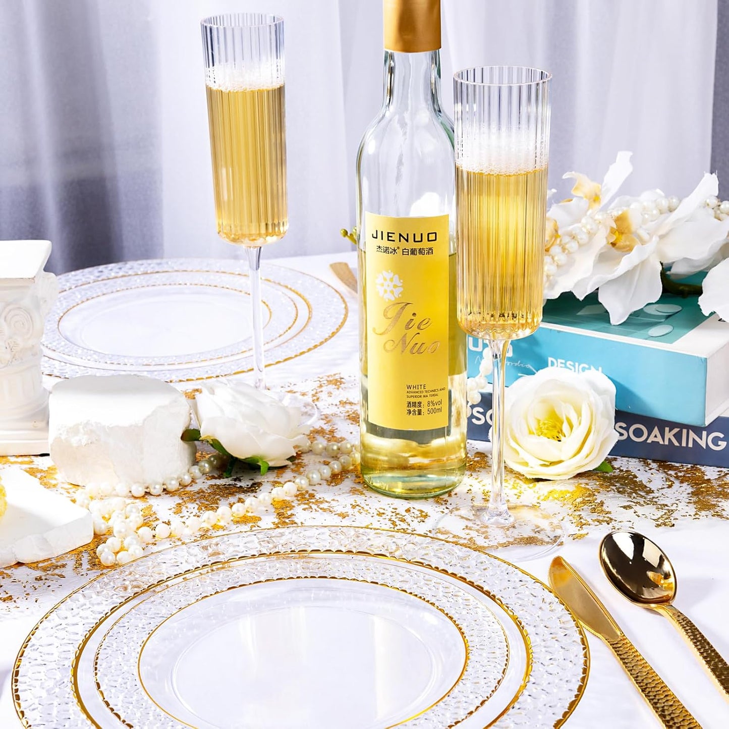 Ciaell 24 Pack Plastic Champagne Flutes - 6oz Ribbed Disposable Champagne Glasses - Clear Vintage Mimosa Glasses with Long Stem, Elegant & Lightweight for Weddings, Birthdays, Parties