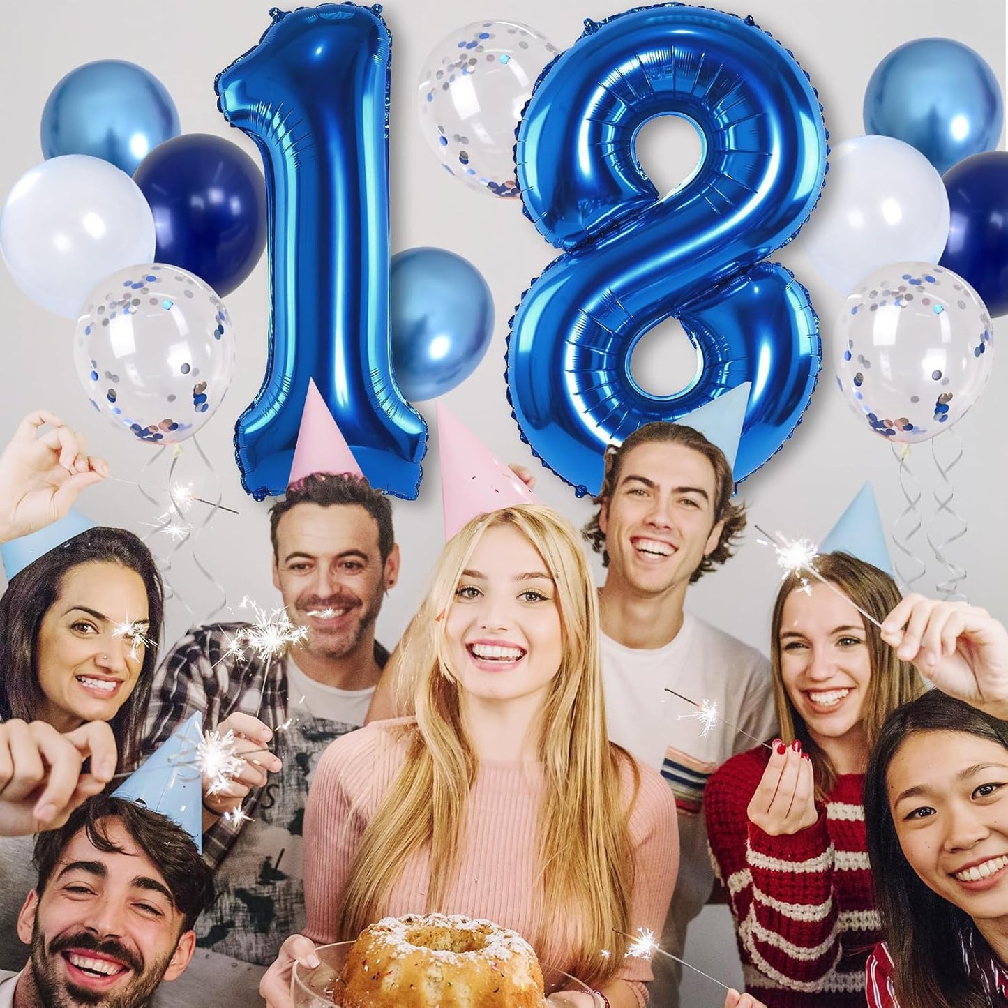 Navy Blue 18 Balloons, 40 Inch Dark Blue Foil Number 18 Balloon Set, XXL Self Inflating 18 Helium Balloon with Metallic Blue Silver Confetti Balloon for Men 18th Birthday Anniversary Party Decorations