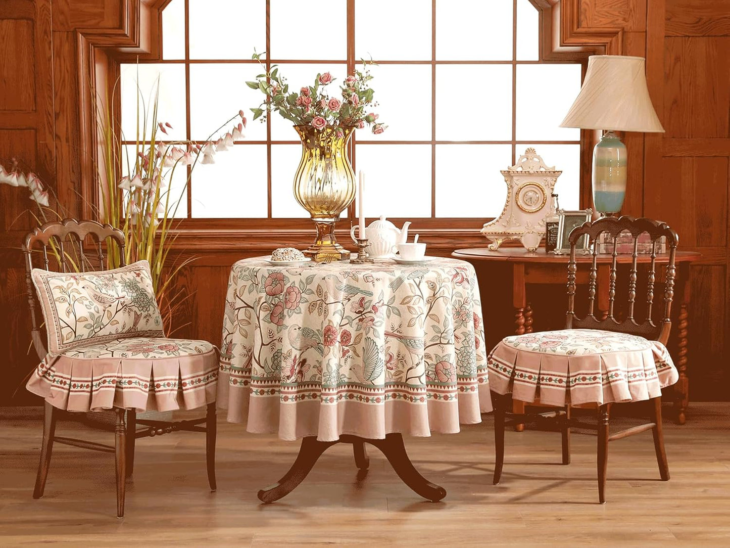 patdrea Designer Vintage Round Tablecloth,Pink Linen Table Cloth with Birds Pattern,Colorful Decoration French Table Cover for Kitchen Dining,Thanksgiving,Party,Christmas,Diameter 55"-Kulom a